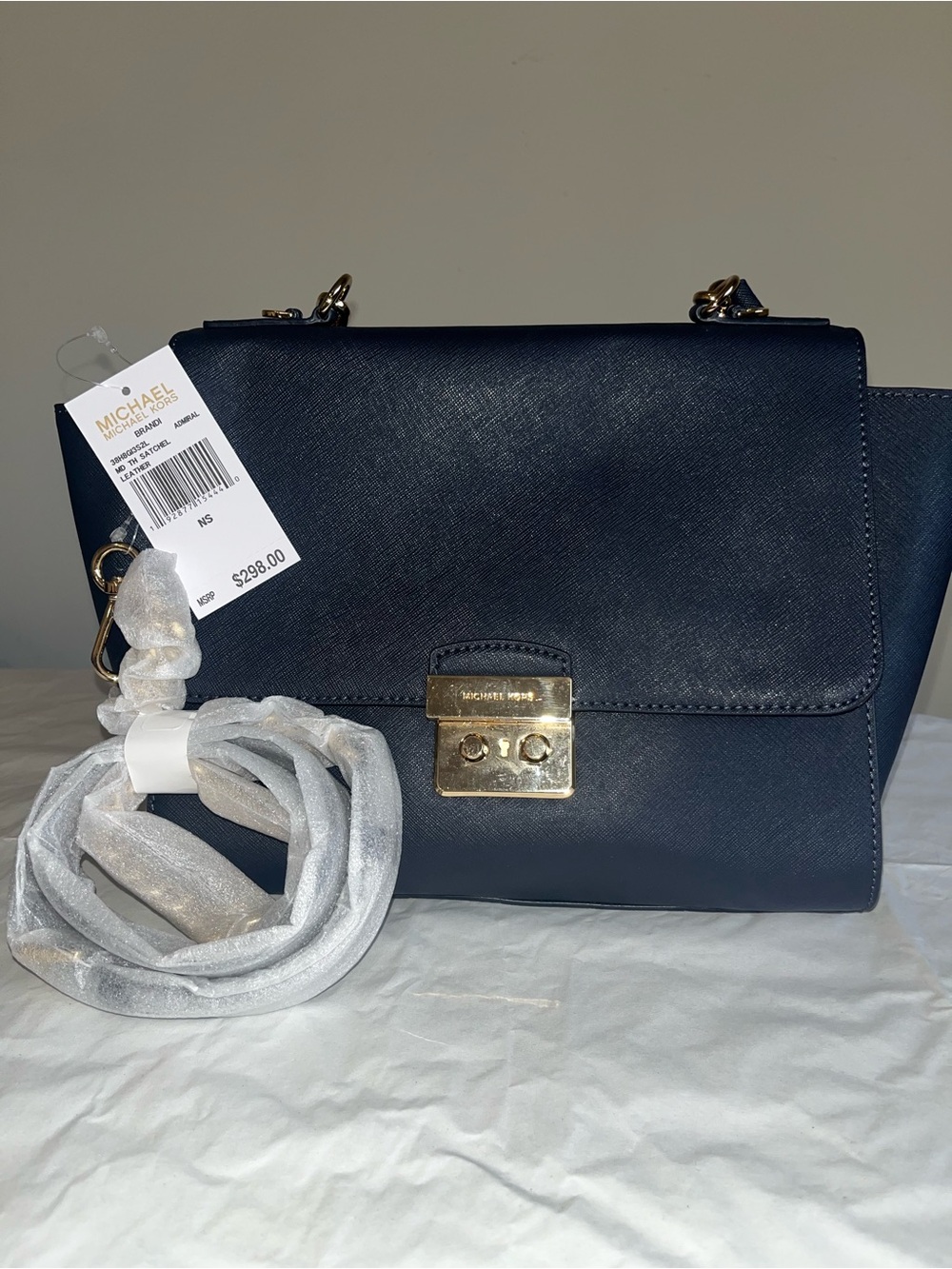 Michael Kors Navy Saffiano Leather Satchel with Gold-Tone Lock
